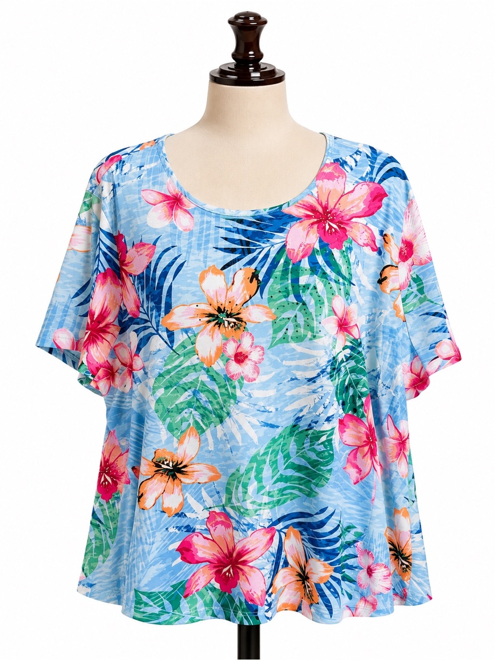 Allison Daley Blue Tropical Floral Scoop Neck Top